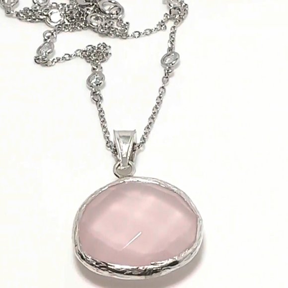 2PCS-ROSE QUARTZ PENDANT WITH 1/8" CZ STATION NECKLACE-STERLING SILVER (.925) - Picture 1 of 2
